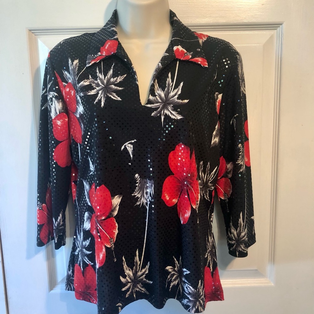 Black Sequin Women's Top with Red/White Floral